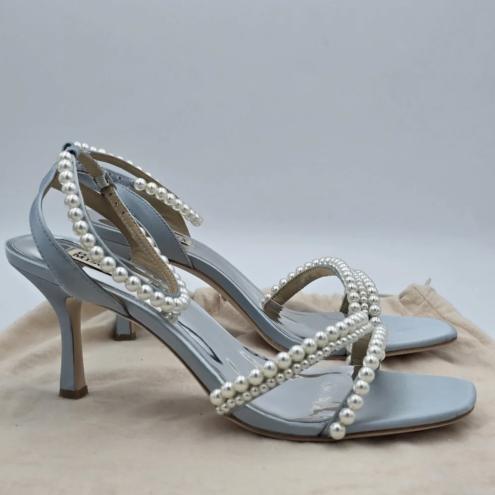 Badgley Mischka Flame Pearl Kitten Heel Sandals, Mist Blue Satin, Women's Sz 9.5 - Picture 2 of 16